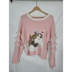 XL Ugly Christmas Sweater Unicorn In Pink Gaudy Flashy Tinsel Party Holiday